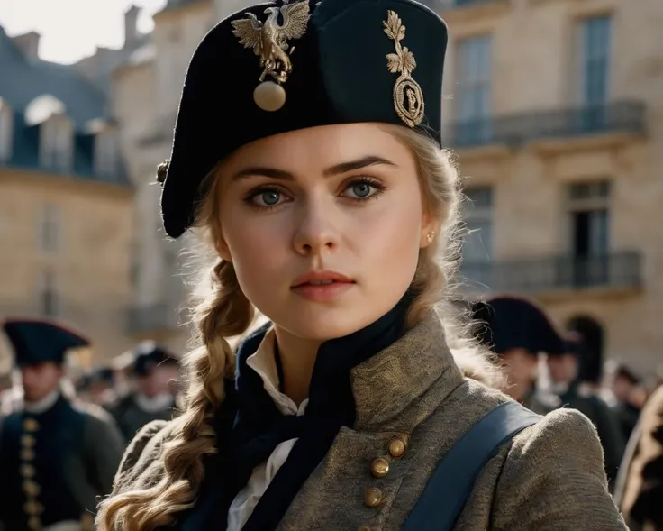 rosemciver,<lora:RoseMcIverXL:1>,Photo of a woman dressed as a french soldier, during the french revolution 1789, paris, dramatic atmosphere, dim light, high quality, natural colors, insane details, looking to the viewer, posing for the camera, (masterpiece, best quality, ultra-detailed, best shadow), (beautiful detailed face), high contrast, (best illumination), ((cinematic light)), colorful, hyper detail, dramatic light, intricate details, (1 girl, solo, sharp face) , ultra detailed artistic photography, dreamy, backlit, shadows, ultra high definition, 8k, ultra sharp focus, intricate artwork masterpiece, realistic eyes, ultra high quality model, soft lighting, film photography, analogue photography, hyperrealism