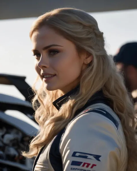 rosemciver,<lora:RoseMcIverXL:1>,racing jumpsuit, formula 1 pilot, standing next to a racing car, in front of the camera, Cowboy Shot, Two Shot, Deep Focus, smiling, (masterpiece, best quality, ultra-detailed, best shadow), high contrast, (best illumination), ((cinematic light)), colorful, hyper detail, dramatic light, intricate details, (1 girl, solo) , ultra detailed artistic photography, dreamy, backlit, shadows, ultra high definition, 8k, ultra sharp focus, ultra high quality model, soft lighting, film photography, analogue photography, hyperrealism,