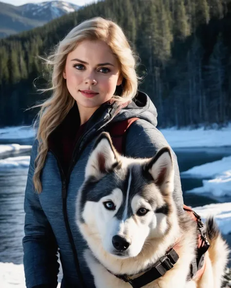 rosemciver,<lora:RoseMcIverXL:1>, adult woman, masterpiece, best quality, ultra-detailed, solo, outdoors, (evening), mountains, nature, (winter, cloudy, windy) cheerful, happy, backpack, sleeping bag, tent, camping fire, dog sled and huskies in background, mountain boots, gloves, sweater, ski suit, forest, rocks, river, wood, smoke, shadows, contrast, clear sky, analog style (look at viewer), ((upper body, happy)), ((sharp face, detailed face, realistic face, naturtal skin, realistic skin, detailed skin, pores, detailed eyes,realistic eyes)),