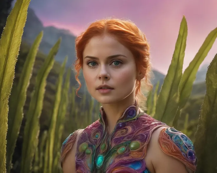 rosemciver,<lora:RoseMcIverXL:1>, a beautiful alien woman, translucent skin, multicolored venes, feathers, tentacles, ((a bird like alien creature)), flying trough the air, outdoor, alien planet, alien vegetation, multi colored sky, multiple planets, looking to the viewer,, ((sharp face, detailed face, realistic face, naturtal skin, realistic skin, detailed skin, pores, detailed eyes,realistic eyes)),, (masterpiece, best quality, ultra-detailed, best shadow), high contrast, (best illumination), ((cinematic light)), colorful, hyper detail, dramatic light, intricate details, (1 girl, solo) , ultra detailed artistic photography, dreamy, backlit, shadows, ultra high definition, 8k, ultra sharp focus, ultra high quality model, soft lighting, film photography, analogue photography, hyperrealism,