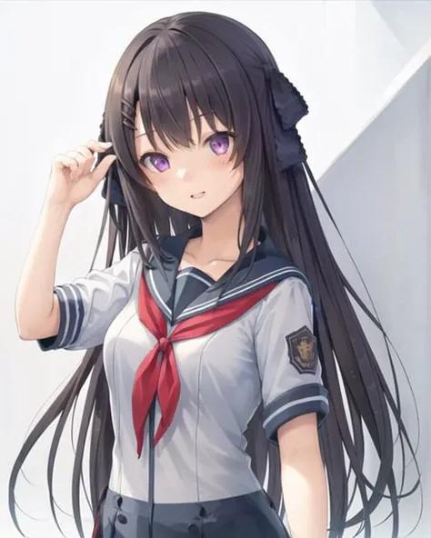 best quality,highly detailed,masterpiece,ultra-detailed,solo,(1girl),(Delicate eyes),(white background:1.3),(seifuku:1.2),purple eyes,hair_ribbon,black hair,