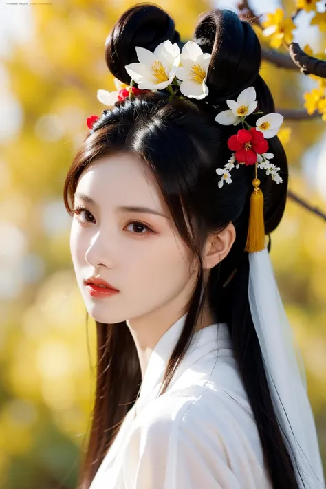 <lora:mn_20231013150828:0.9>,mn,1girl,long hair,solo,flower,black hair,branch,upper body,realistic,chinese clothes,hair ornament,blurry background,blurry,parted lips,hair bun,