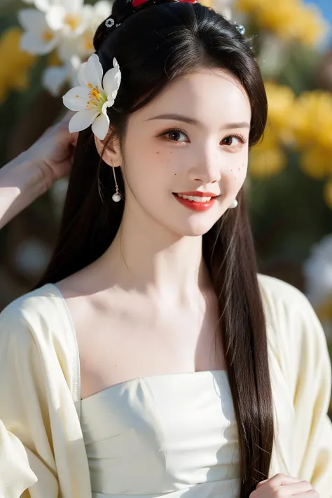 <lora:mn_20231013150828:0.9>,mn,1girl,solo,realistic,hair ornament,looking at viewer,red lips,black hair,long hair,flower,blurry background,black eyes,hair flower,blurry,smile,lips,upper body,parted lips,freckles,sleeves past wrists,