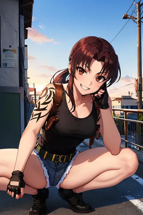 (masterpiece, best quality:1.2), solo, 1girl, revy, grin, looking at viewer, squatting, spread legs, ponytail, v-shaped eyebrows, tank top, fingerless gloves, denim shorts, belt, holster, city sidewalk, sunset <lora:blacklagoon_revy:1>