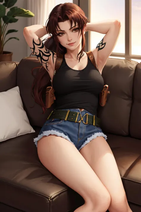 (masterpiece, best quality:1.2), solo, 1girl, revy, smirk, looking at viewer, sitting, arms behind head, couch, ponytail, tank top, denim shorts, belt, holster <lora:blacklagoon_revy:1>