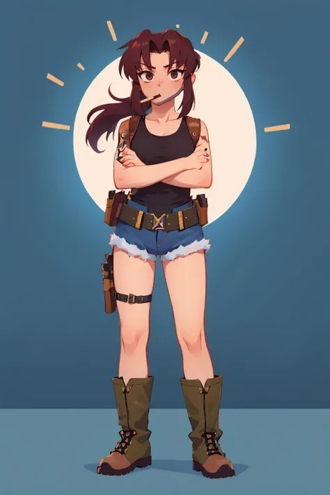 (masterpiece, best quality:1.2), solo, 1girl, revy, looking at viewer, pocky in mouth, crossed arms, ponytail, tank top, fingerless gloves, denim shorts, boots, belt, holster <lora:blacklagoon_revy-10:1> <lora:concept_pockyinmouth:1>