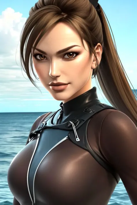 (rule of thirds), (masterpiece), (highly detailed), (close up), (lrcrftyo, 1girl, brunette, ponytail, brown eyes, wetsuit)  <lora:lrcrftyo2:1>