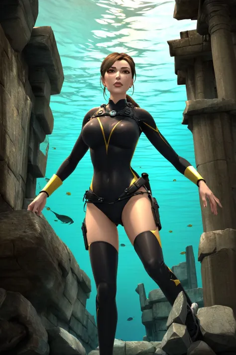 (rule of thirds), (masterpiece), (highly detailed), (lrcrftyo, 1girl, brunette, ponytail, brown eyes,) (underwater temple,) <lora:lrcrftyo2:1>