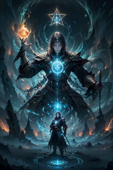(2 boys), (multiple boys, dual wielding, looking at viewer, standing, (glowing), light particles, blue theme, colorful, wallpaper, energy, Unknown terror, arcane, Around the magic ,magic surrounds ,magic rod, book, pages flying all over the sky, Know it all, Predicting the Future, Know the past, Infinite wisdom, blue flame, Warlock, Magical Circle, Pentagram, incantation, mantra, Singing magic, masterpiece, best quality, <lora:shadow glowing_beta:0.7>, (masterpiece,best quality:1.5)