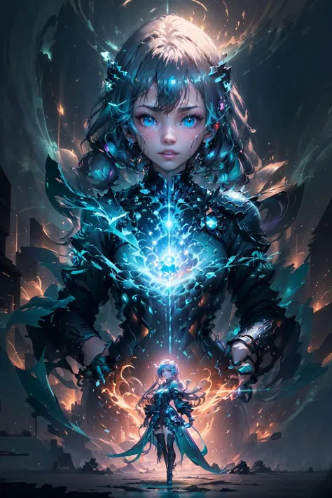 (2 girls, Miku Hatsune:1.4), (multiple girls, dual wielding, looking at viewer, standing, (glowing), light particles, blue theme, colorful, wallpaper, energy, Unknown terror, arcane, Around the magic ,magic surrounds ,magic rod, book, pages flying all over the sky, Know it all, Predicting the Future, Know the past, Infinite wisdom, blue flame, Warlock, Magical Circle, masterpiece, best quality, <lora:shadow glowing_beta:1:MIDD>, (masterpiece,best quality:1.5)