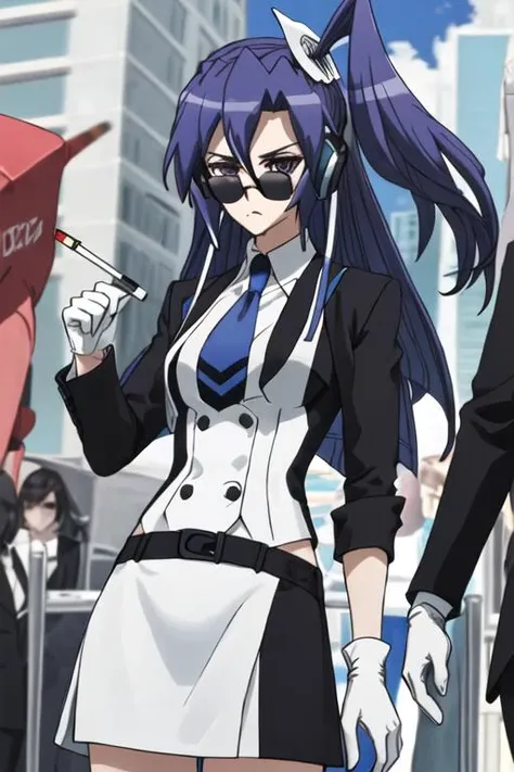 best quality, masterpiece, highres, solo, {black business suit:1.40}, {tie:1.20}, {sunglasses:1.25}, {white gloves:1.15}, {white shirt:1.10}, {black skirt:1.15}, {smoking:1.20}, handsome, {kazanari_tsubasa_senkizesshousymphogear:1.15}, blue_hair, long_hair, one_side_up, purple_eyes, hair_between_eyes