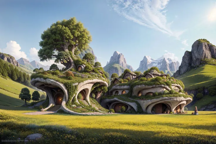 realistic image of an ancient hobbit home, hidden, cozy, wholesome meadow, safe, cheerful, magical, fantasy, built into a small hill, large bonsai trees, rendered as a matte painting
<lora:zahaHadid_v10:0.8> zahahadid,