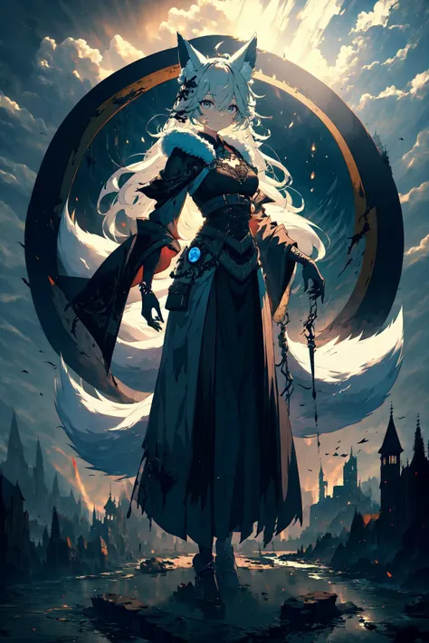 (high quality, best quality, 4k, 2k, (intricate:1.1), (high detail:1.3)), ((fantasy world, cobblestone, mud, castle)), (official wallpaper, volumetric lighting, dynamic lighting),
1girl, solo, (fox girl, fox ears, fox tail), ((white hair)), long hair, (messy hair), (grey eyes), medium breasts,
long cloak, black cloak, black fur trim, black fur, shadow, rogue, black gloves, chest harness, black shirt, pants,
standing, ((expressionless)), earth \(planet\),
<lora:Earth:0.8>, <lora:9tail:0.6>