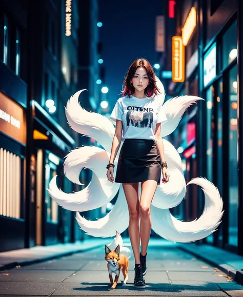 1girl, 9tail fox, T Shirt, skirt, walking on the street, city night