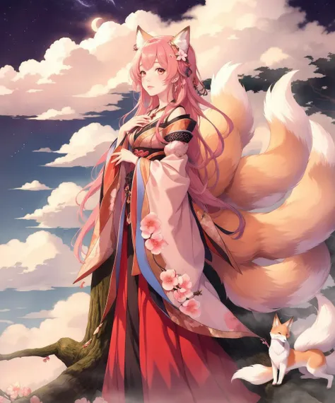 1girl, (9tail fox), peach blossom, mysterious forest, cloud, sky, night