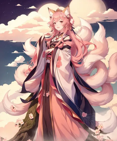 1girl, (9tail fox), peach blossom, mysterious forest, cloud, sky, night