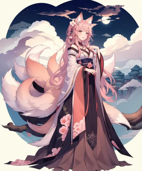 1girl, (9tail fox), peach blossom, mysterious forest, cloud, sky, night