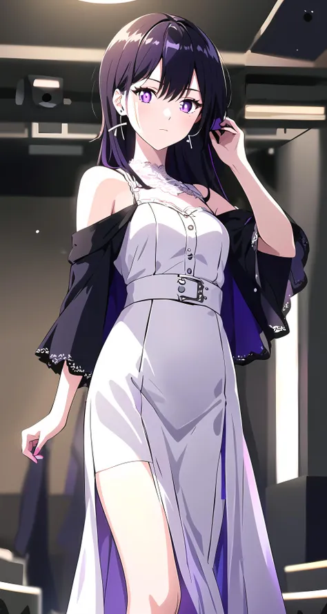 ((masterpiece)), (((best quality))), ((ultra-detailed)), ((illustration)),physically-based rendering,extreme detail description, Stage,Concert,(solo),1 girl,headset,colorful,(disheveled hair),idol,skirt,shirt,walk show,show time,lishiya,lsybody,facing_viewer,looking_at_viewer,pleated_skirt,bubble_skirt,off-shoulder_dress,petite,narrow waist,model,bright pupils,(runway show:1.2),dancing,long hair,moody lighting,black hair,(purple eyes),no pupils,ribbon-trimmed_skirt,lace_skirt,frilled_skirt,dress,evening_gown,wedding_dress,
