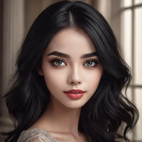 black hair,black eyes,babes style,supermodel:1.3, beautiful girl, happy, 
 (detailed eyes:0.8), (looking at the camera:1.2), muted colors, 
portrait, looking at viewer,beautiful detailed skin,
Her makeup is sophisticated, featuring winged eyeliner and lipstick, fit, slender,