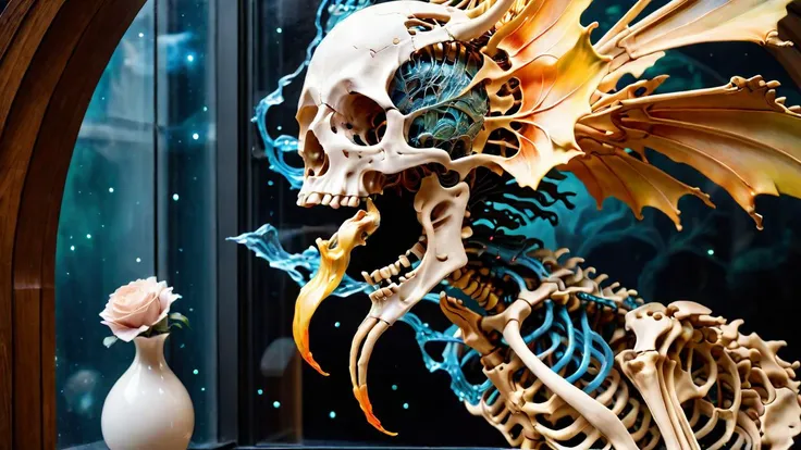 photo of Hyperrealistic art Wonderful, intricate, (colorful), (a superb Art Brut Decollage art, Lycanthropic Phoenix), ethereal neural network organism, divine cyborg dragon:2 girl:0.3, ginger:0.5 biomorph, glass skeleton, skinless:3, anatomical face, biomechanical details, (white and iridescent colors:1.1) bright colors, alchemist, alt_style, cinematic, 35mm film, 35mm photography, film, photo realism, DSLR, 8k uhd, hdr, ultra-detailed, high quality, high contrast, <lora:xl_more_art-full_v1:1> <lora:bonex:0.8> bonex, bone, skeleton <lora:gwmdetail_lora_r64_sdxl:0.4> GWMDetail
