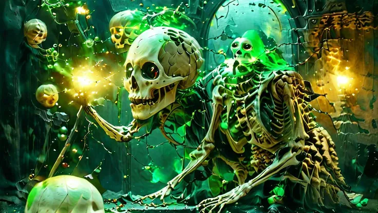 surrealist art, a skeleton wizard casting a spell in a majestic court, green light in the dark, eyes light green, glowing, zavy-lndskncht, masterpiece, award-winning, professional, highly detailed, atmospheric lighting, low key lighting, dreamlike, mysterious, provocative, symbolic, intricate, detailed<lora:bonex:1.2> bonex, bone, skeleton <lora:add-detail-xl:1> <lora:gwmdetail_lora_r64_sdxl:1> GWMDetail, <lora:MJ52:1>