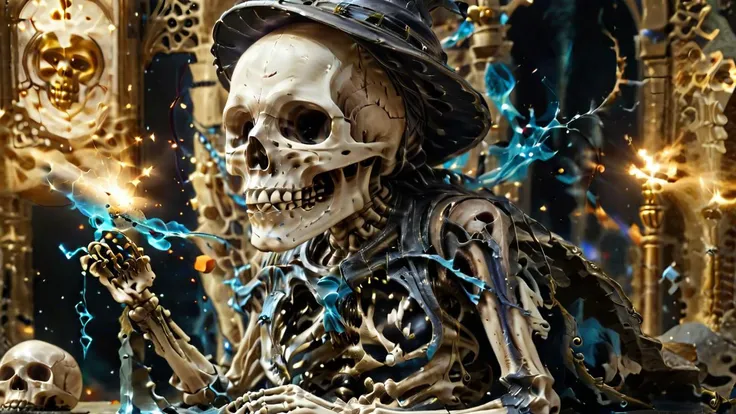 skeleton wizard casting a spell in a majestic court, <lora:bonex:0.8> bonex, bone, skeleton <lora:gwmdetail_lora_r64_sdxl:1.4> GWMDetail