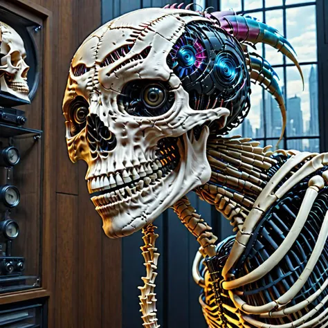 photo of Hyperrealistic art Wonderful, intricate, (colorful), (a superb Art Brut Decollage art, Lycanthropic Phoenix), ethereal neural network organism, divine cyborg dragon:2 girl:0.3, ginger:0.5 biomorph, glass skeleton, skinless:3, anatomical face, biomechanical details, (white and iridescent colors:1.1) bright colors, alchemist, alt_style, cinematic, 35mm film, 35mm photography, film, photo realism, DSLR, 8k uhd, hdr, ultra-detailed, high quality, high contrast, <lora:bonex:0.8> bonex, bone, skeleton, <lora:cine:1.4> cin3