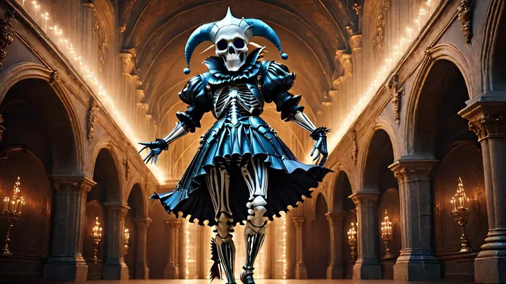 glamour shot of a jester dancing in a majestic court, zavy-lndskncht, masterpiece, award-winning, professional, highly detailed, atmospheric lighting, low key lighting, 100mm f/2.8 macro lens, fabric <lora:bonex:1> bonex, bone, skeleton <lora:cine:1> cin3
