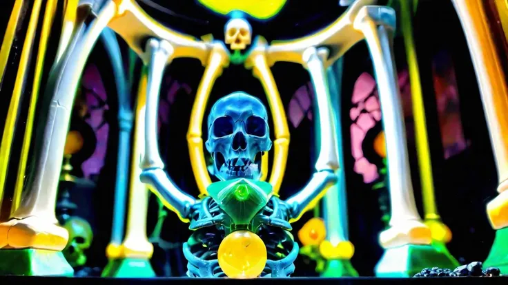 surrealist art, a skeleton wizard casting a spell in a majestic court, green light in the dark, eyes light green, glowing, masterpiece, award-winning, professional, highly detailed, atmospheric lighting, low key lighting, dreamlike, mysterious, provocative, symbolic, intricate, detailed<lora:bonex:1.2> bonex, bone, skeleton <lora:add-detail-xl:1>