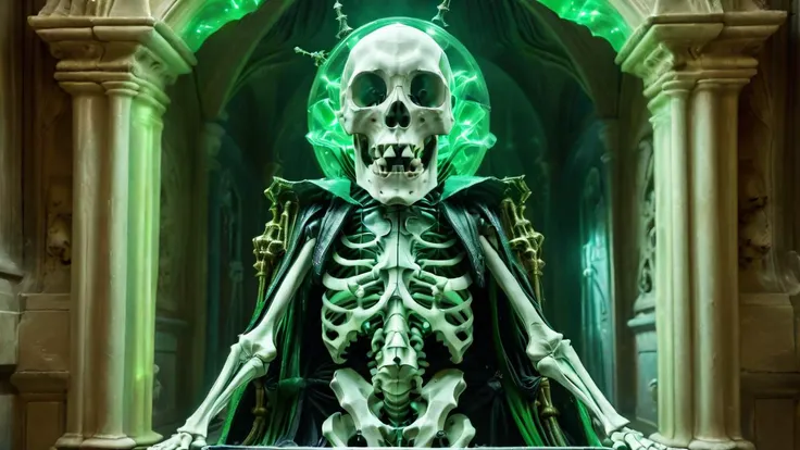 surrealist art, a skeleton wizard casting a spell in a majestic court, green light in the dark, eyes light green, glowing, zavy-lndskncht, masterpiece, award-winning, professional, highly detailed, atmospheric lighting, low key lighting, dreamlike, mysterious, provocative, symbolic, intricate, detailed<lora:bonex:1.2> bonex, bone, skeleton