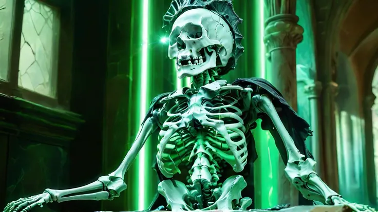 surrealist art, a skeleton wizard casting a spell in a majestic court, green light in the dark, eyes light green, glowing, masterpiece, award-winning, professional, highly detailed, atmospheric lighting, low key lighting, dreamlike, mysterious, provocative, symbolic, intricate, detailed<lora:bonex:1.2> bonex, bone, skeleton
