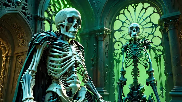 role-playing game (RPG) style fantasy of a skeleton wizard casting a spell in a majestic court, green light in the dark, eyes light green, glowing, zavy-lndskncht, masterpiece, award-winning, professional, highly detailed, atmospheric lighting, low key lighting, detailed, vibrant, immersive, reminiscent of high fantasy RPG games <lora:bonex:1> bonex, bone, skeleton <lora:cine:1> cin3 <lora:sdxl_greengirl:1> <lora:add-detail-xl:1>