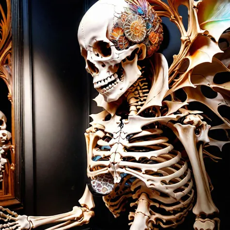 photo of Hyperrealistic art Wonderful, intricate, (colorful), (a superb Art Brut Decollage art, Lycanthropic Phoenix), ethereal neural network organism, divine cyborg dragon:2 girl:0.3, ginger:0.5 biomorph, glass skeleton, skinless:3, anatomical face, biomechanical details, (white and iridescent colors:1.1) bright colors, alchemist, alt_style, cinematic, 35mm film, 35mm photography, film, photo realism, DSLR, 8k uhd, hdr, ultra-detailed, high quality, high contrast, <lora:bonex:0.8> bonex, bone, skeleton, <lora:sdxl_greengirl:0.2>