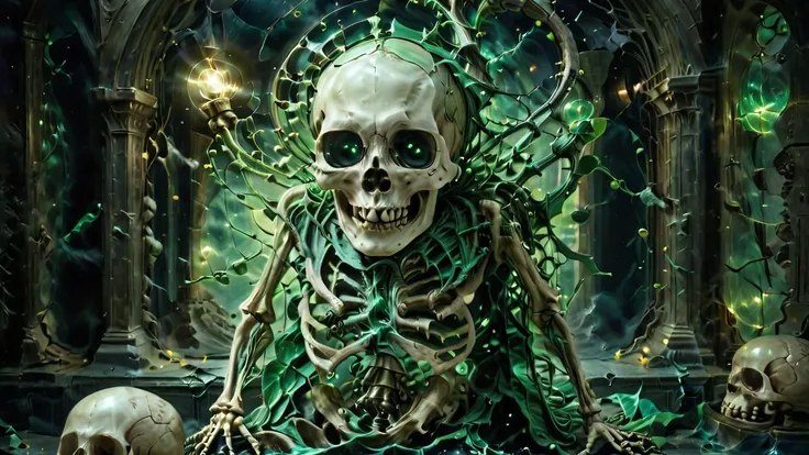 surrealist art, a skeleton wizard casting a spell in a majestic court, green light in the dark, eyes light green, glowing, zavy-lndskncht, masterpiece, award-winning, professional, highly detailed, atmospheric lighting, low key lighting, dreamlike, mysterious, provocative, symbolic, intricate, detailed<lora:bonex:1.2> bonex, bone, skeleton <lora:add-detail-xl:1> <lora:gwmdetail_lora_r64_sdxl:1> GWMDetail