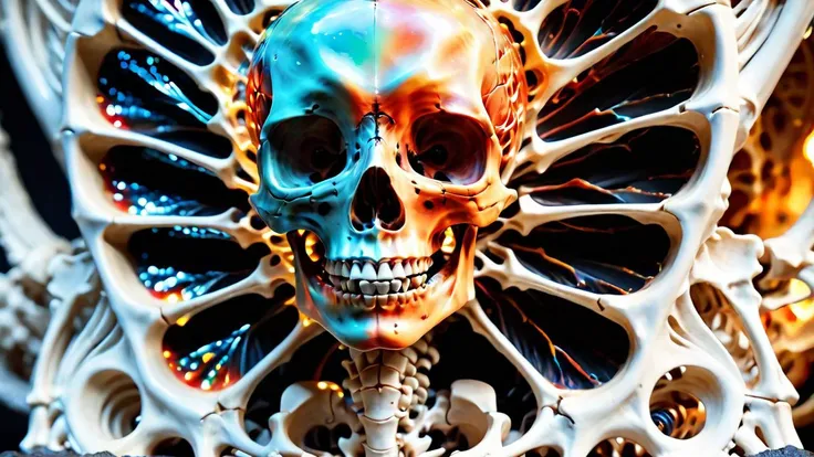 photo of Hyperrealistic art Wonderful, intricate, (colorful), (a superb Art Brut Decollage art, Lycanthropic Phoenix), ethereal neural network organism, divine cyborg dragon:2 girl:0.3, ginger:0.5 biomorph, glass skeleton, skinless:3, anatomical face, biomechanical details, (white and iridescent colors:1.1) bright colors, alchemist, alt_style, cinematic, 35mm film, 35mm photography, film, photo realism, DSLR, 8k uhd, hdr, ultra-detailed, high quality, high contrast, <lora:xl_more_art-full_v1:1> <lora:bonex:0.8> bonex, bone, skeleton <lora:gwmdetail_lora_r64_sdxl:0.4> GWMDetail