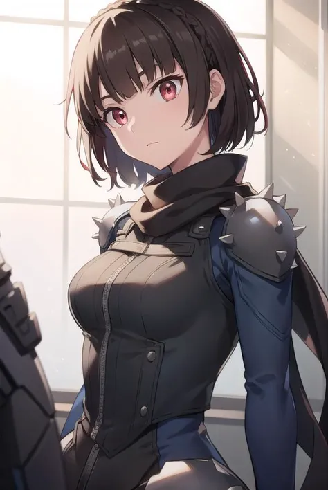 makotonijima, <lora:makotonijimatest:1>, makoto nijima, blunt bangs, braid, brown hair, crown braid, (red eyes:1.3), short hair,
BREAK biker clothes, bodysuit, gloves, knee boots, scarf, shoulder spikes, spikes, 
BREAK looking at viewer,
BREAK indoors, classroom,
BREAK <lora:GoodHands-vanilla:1>, (masterpiece:1.2), best quality, high resolution, unity 8k wallpaper, (illustration:0.8), (beautiful detailed eyes:1.6), extremely detailed face, perfect lighting, extremely detailed CG, (perfect hands, perfect anatomy),