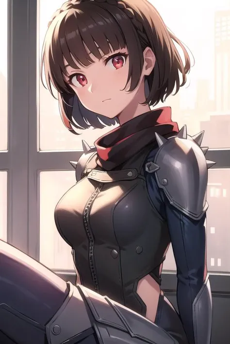 makotonijima, <lora:makotonijimatest:1>, makoto nijima, blunt bangs, braid, brown hair, crown braid, (red eyes:1.3), short hair,
BREAK biker clothes, bodysuit, gloves, knee boots, scarf, shoulder spikes, spikes, 
BREAK looking at viewer,
BREAK indoors, classroom,
BREAK <lora:GoodHands-vanilla:1>, (masterpiece:1.2), best quality, high resolution, unity 8k wallpaper, (illustration:0.8), (beautiful detailed eyes:1.6), extremely detailed face, perfect lighting, extremely detailed CG, (perfect hands, perfect anatomy),