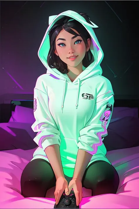 Merger_jazion_valenti,
(sitting at a computer wearing headphones and playing games (holding a controller:1.2) wearing a (hoodie:1.2) in a (neon lit room:1.3), (gamer:1.2), gaming, (gamer girl:1.3), games, (purple lighting, neon:1.2):1.2),
bokeh, f1.4, 40mm, photorealistic, raw, 8k, textured skin, skin pores, intricate details  <lora:epi_noiseoffset2:1>, epiCRealism <lora:ClothingAdjuster3:-1>