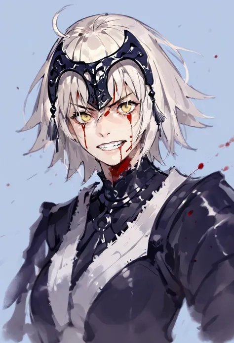 score_9, score_8_up, score_7_up, score_6_up, 1girl, yellow eyes, jeanne d'arc alter \(avenger\) \(fate\), jeanne d'arc alter \(fate\), solo, headpiece, blood, teeth, blood on face, armor, looking at viewer, blue background, clenched teeth, short hair, portrait, simple background, bangs