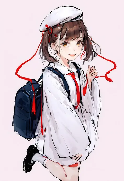 anime girl with a backpack and a hat on