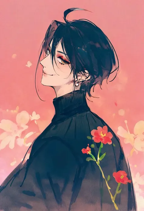 score_9, score_8_up, score_7_up, score_6_up, 1boy, male focus, solo, jewelry, earrings, black hair, smile, looking at viewer, eyeshadow, yellow eyes, red background, ahoge, makeup, closed mouth, flower, dark-skinned male, dark skin, black shirt, shirt, sideways glance, floral background, turtleneck, profile, red eyeshadow, short hair, hair between eyes, single earring