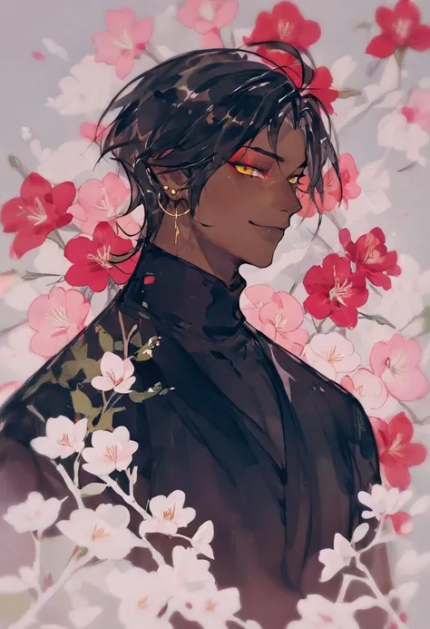 score_9, score_8_up, score_7_up, score_6_up, 1boy, male focus, solo, jewelry, earrings, black hair, smile, looking at viewer, eyeshadow, yellow eyes, red background, ahoge, makeup, closed mouth, flower, dark-skinned male, dark skin, black shirt, shirt, sideways glance, floral background, turtleneck, profile, red eyeshadow, short hair, hair between eyes, single earring