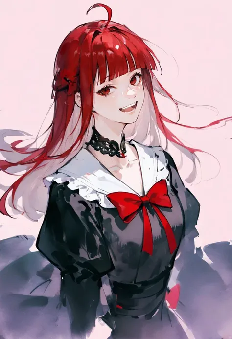 score_9, score_8_up, score_7_up, score_6_up, 1girl, kureiji ollie, solo, virtual youtuber, red hair, red eyes, bow, long hair, red bow, smile, multicolored hair, ahoge, open mouth, dress, bangs, black dress, puffy sleeves, looking at viewer, pink background, upper body, simple background, :d, blunt bangs, teeth, upper teeth only