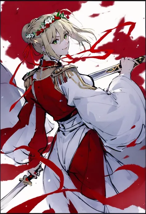 score_9, score_8_up, score_7_up, score_6_up, 1girl, nero claudius \(fate\), nero claudius \(fate/extra\), aestus estus, ahoge, solo, smile, hair intakes, green eyes, breasts, looking at viewer, epaulettes, weapon, blonde hair, ass, long sleeves, sword, juliet sleeves, braid, puffy sleeves, sideboob, bangs, leotard, french braid, dress, wide sleeves, red dress, red background, closed mouth, white leotard, head wreath, red ribbon, hair bun, ribbon, medium breasts, laurel crown, holding, single hair bun, hair ribbon, looking back, border, holding weapon, hand on hip, holding sword, white border, hair between eyes, bright pupils, sidelocks, from side