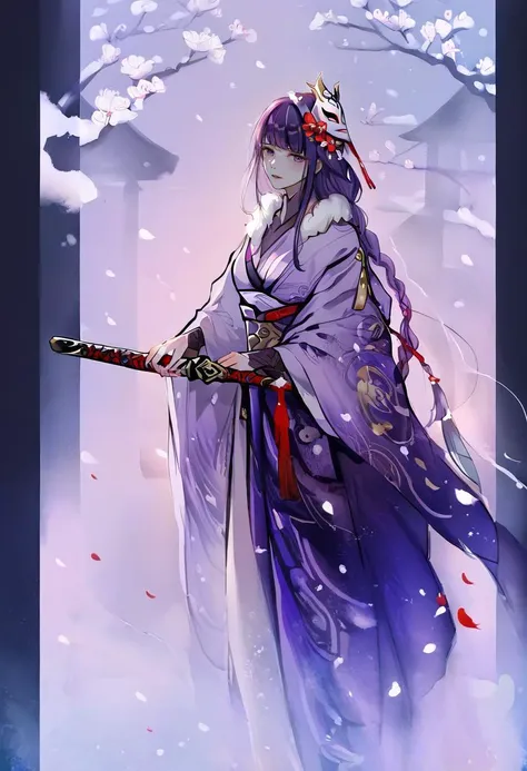 score_9, score_8_up, score_7_up, score_6_up, 1girl, sword, weapon, purple hair, purple eyes, mask on head, long hair, solo, holding sword, kimono, flower, raiden shogun, japanese clothes, braid, holding weapon, holding, looking at viewer, mask, bangs, tassel, musou isshin \(genshin impact\), hair ornament, katana, electricity, fox mask, braided ponytail, standing, hair flower, petals, wide sleeves, snow, architecture, lantern, single braid, very long hair, purple kimono, parted lips, fur trim, floral print, long sleeves, falling petals, blunt bangs, east asian architecture, fur-trimmed kimono, alternate costume, outdoors, full body, nail polish, tomoe \(symbol\), blush, closed mouth, stone lantern, stairs, purple nails, red flower, mitsudomoe \(shape\), print kimono