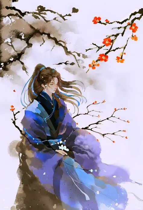 score_9, score_8_up, score_7_up, score_6_up, ink style, 1boy, long hair, solo, male focus, long sleeves, chinese clothes, closed eyes, brown hair, beads, branch, hanfu, painting \(medium\), floating hair, white background, traditional media, flower, closed mouth, watercolor \(medium\), wide sleeves, ponytail, wind