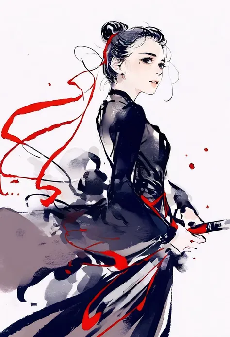 a drawing of a woman in a black dress holding a sword