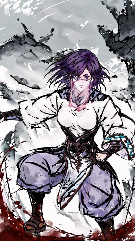 score_9, score_8_up, score_7_up, (((cowboy shot))), (((dynamic pose))), (((dynamic angle))), (((pale pelvic curtain))), ready to fight pose, Chinese ink style, ink style, ink wash painting, centered, 1girl, gonchu, fighting, transparent pink face veil, 1woman, short purple hair, hair over right eye, indigo eye, pale shirt, shoulder guards, wrist guards, black waistguard, teal triangle pattern on left sleeve, purple pants tucked into black stockings, geta sandals, 8k, 16k, trending on pixiv, fanbox, skeb, masterpiece, absurdest, (outdoors, Chinese fantasy background), highly detailed, extremely detailed, <lora:Gongyi_Churen_Fog_Hill_of_Five_Elements_PonyXL:0.9>