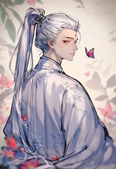 score_9, score_8_up, score_7_up, score_6_up, 1boy, solo, male focus, bug, butterfly, forehead mark, long hair, facial mark, upper body, looking back, chinese clothes, from behind, looking at viewer, flower, hanfu, profile, grey hair, sideways glance, robe, long sleeves, ponytail, hair pulled back, eyelashes, very long hair, closed mouth, white hair, hair bun