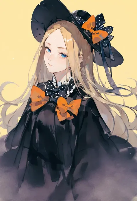 score_9, score_8_up, score_7_up, score_6_up, 1girl, solo, abigail williams \(fate\), bow, blonde hair, hair bow, black bow, blue eyes, polka dot, long hair, polka dot bow, looking at viewer, hat, parted bangs, yellow background, simple background, closed mouth, orange bow, black headwear, bangs, portrait, forehead, signature, black dress, multiple hair bows, dress